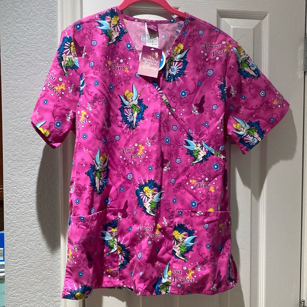 Pink Woman’s Scrub top Shirt with Tinker Bell Floral Design